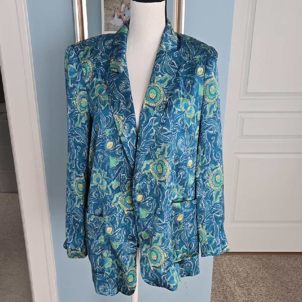 Zara Blue Floral  Satin Lightweight Women's Blazer Y2k Blazer